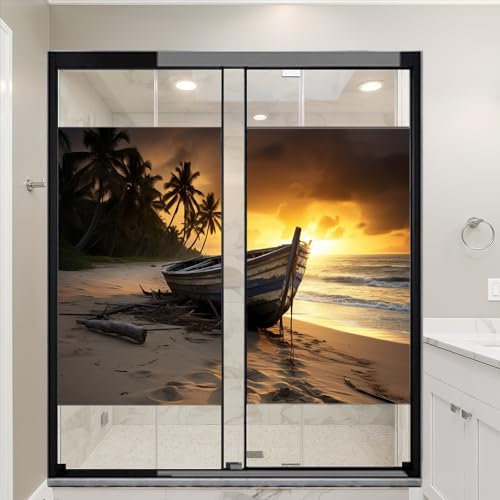 Modern Ocean Beach Window Film Sun Blocking Tropical Palm Tree Wooden Boat House Window Tint Film No Glue Glass Cling Coverings for Home Decorative 45 x 60 cm x2 Pcs