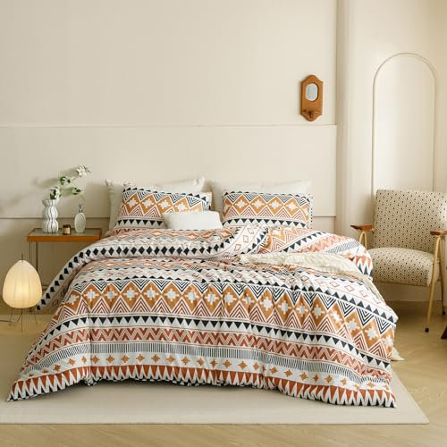 CLOTHKNOW Azteken-Bettwäsche-Set, Southwestern für King-Size-Betten, geometrisches Bettwäsche-Set, Azteken-Navajo-Schmusetuch, braun-orangefarbene Wellen, gestreift, Kingsize-Bettdecken-Sets