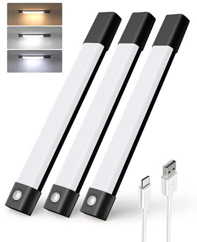EZVALO Schrankbeleuchtung 30CM, 50 LED Schrankleuchte Led mit Bewegungsmelder, Unterbauleuchte Küche LED mit 3 Farbtemperaturen Dimmbar Aufladbar für Kleiderschrank, Küche, Treppe, Schwarz (3 Stück)