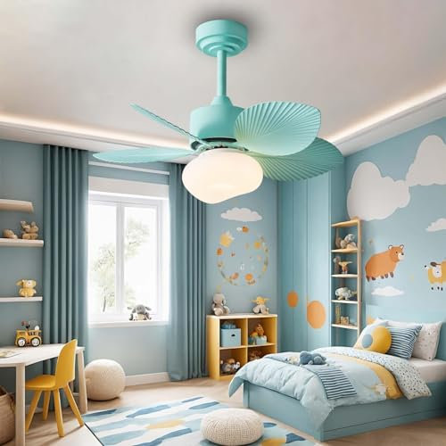 Ceiling Fan with Light and Remote, Fan Ceiling Light Palm Leaf-Shaped 5 Blades, 6 Speeds, Reversible DC Motor, Dimmable Light with Fan for Living Room Kids Bedroom(Color:C)