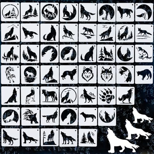50 Stück Wolf-Schablonen zum Malen, wiederverwendbare Waldwölfe, Berg-Schablonen, Vorlage für Wildtiere, Tiere, Holzbrennmuster, Vorlage auf Kunst, Handwerk, Leinwand, Wand