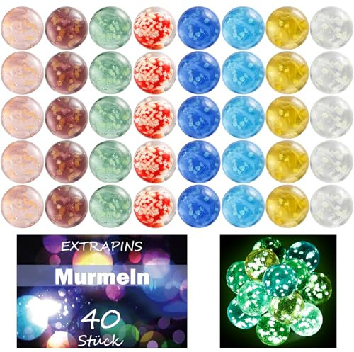 EXTRAPINS 40 Stück Murmeln für Kinder,Glasmurmeln im Dunkeln Leuchten,16mm Murmeln Kinder,Bunte Glasmurmeln für Jungen und Mädchen Marmorbahn-Spiel Heimdekoration,8 Farben