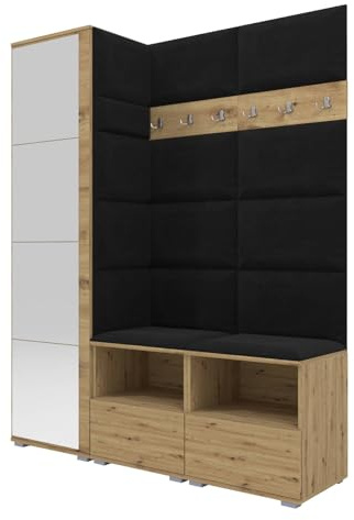 RAVIO Flurgarderobe 150 cm Ink. Schuhschrank mit Sitzbank & Garderobe mit Spiegel, Garderobe Set mit Garderobenpaneel, Wandpolster & Push to Open Türen - Artisan Eiche/Wandpaneel Schwarz