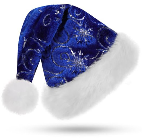 CITÉTOILE Erwachsener Weihnachtsmütze, Blattmuster mit Silberstickerei, Lange Pelz Krempe und Pelz Ball Weihnachtshut, Plüsche Nikolausmütze für Damen und Herren,Blau