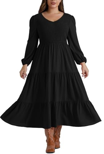 Hanna Nikole Women Plus Size Smocked A-Line Dress Maxi Dress Tiered Casual Dresses with Pockets Black 28