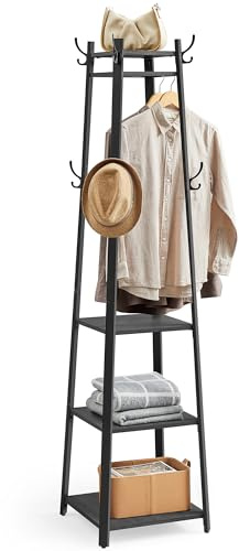 VASAGLE Coat Rack, Coat Stand with 3 Shelves, Hall Tree Free Standing with Hooks for Scarves, Bags, Umbrellas, Steel Frame, Industrial Style, for Entryway, Living Room, Charcoal Gray ULCR080B03