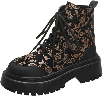 liaddkv Damen Plateau Stiefeletten Gothic, Springerstiefel Mit Blockabsatz Profilsohle Rockig Biker-Boots Kurzschaft Schnürstiefel Blumenmuster Ankle-Boots Vintage Knöchelschuhe Freizeitschuhe