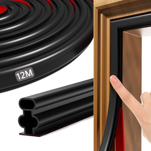 Draft Excluder Seal Strip Replacement 472 Inch/12 M Self-Adhesive Rubber Draught Excluder Weather Stripping for Door Frame Windows Soundproof Insulation Suit for 5 to 9mm Gap (Black, 12M)