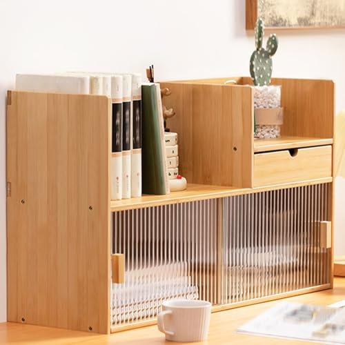 WLCNYL 2-stöckiges Schreibtisch-Bücherregal, Schreibtischregal mit Schubladen, Schreibtisch-Bücherregal, Glastür-Design, stabile Struktur, Starke Tragfähigkeit (50 cm)