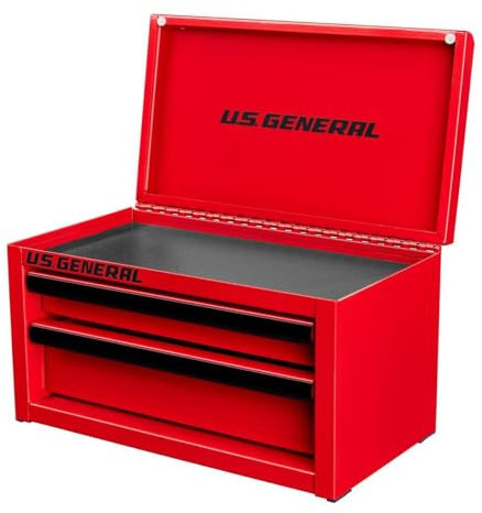 U.S. GENERAL U.S. GENERAL Mini-Werkzeugkasten aus Stahl, 2 Schubladen mit magnetischem Verriegelungsmechanismus und oberer Aufbewahrung, PVC-Auskleidung, schwarzer Rand (1, rot)