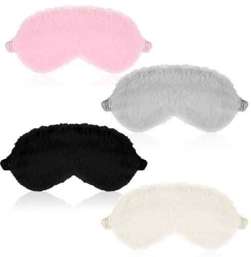 AOZUO 4 Stück Plüsch Schlafmaske Kinder, Weiche Seiden Augenmaske für Frauen Mädchen, Pelziges Kunstfell Schlafmaske Satin Nickerchen Nacht Verdunkelungs Schlafmaske Mädchen Kinder Geschenk(Stil B)