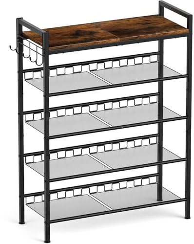 Qlfyuu Schuhregal, Schuhablage, 5 Ebenen Platzsparend Schuhregal mit Verstellbaren Netzregale, Seitlichen Haken, Industrielle Metall Schuhregale mit Breit Hölzerne Oberfläche, für Eingang, Flur