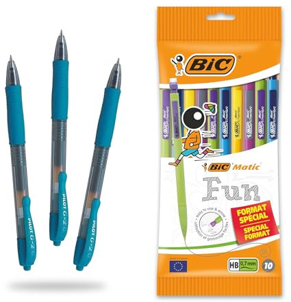 BIC Matic Combos - Portaminas de 0,7 mm, 10 unidades desechables y bolígrafo Pilot G2 07 de tinta de gel retráctil, punta de 0,7 mm, punta de 0,39 mm, 3 unidades