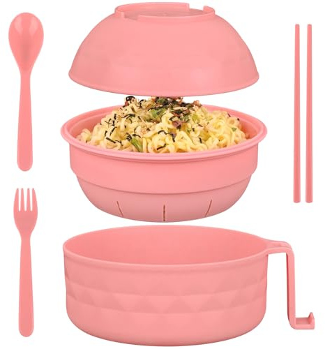 HUAKENER Microwave Ramen Bowl, 38 oz Microwave Ramen Bowl with Lid, Ramen Noodles Bowl with Spoon Chopsticks Fork (Pink)