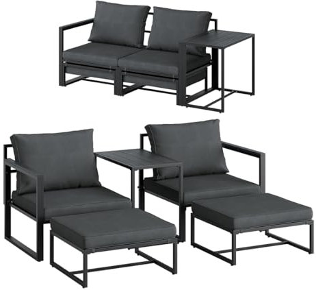 STEELSØN Gartenmöbel Set 5-TLG Asteri, Gartenlounge für 2-4 Personen, Balkonmöbel Set wetterfest inkl. 2 Sessel, 2 Hocker und 1 Tisch, Terrassenmöbel aus Metall mit Kissen Schwarz