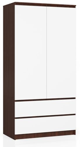 BDW Kleiderschränk 2 Türen, 4 Einlegeböden, Kleiderständer, 2 Schubladen, Garderobenständer, Schubladenschrank, Garderobenschrank für Schlafzimmer, Wohnräume, 180x90x51cm, (Venga/Weiß)