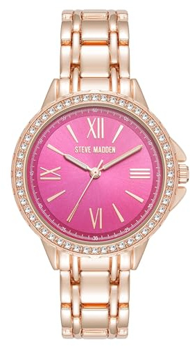 Steve Madden Orologio da donna con cinturino in vero cristallo, Rosa shocking/Oro rosa