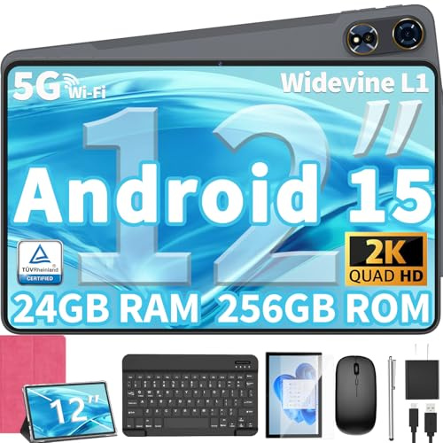 QDDQ Tablet 12 inch Android 14 Tablets, 24GB（8+16） RAM+256 Storage(Expand to 1TB), Android Tablet with Keyboard, Octa-Core, 2K 2000x1200 Display, 16MP Dual Camera, 8000mAh, 5G WiFi,GPS（Pink）