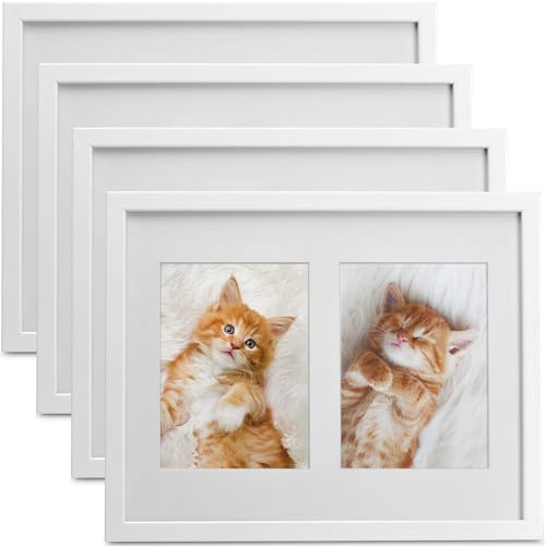 bomoe 4er Set Bilderrahmen Collage für 2 Fotos aus MDF-Holz Kunststoffglas | 9x13cm Weiß Metall-Aufhängung Multirahmen Fotorahmen für Passepartout Fotocollage Wand mehrere Galeria
