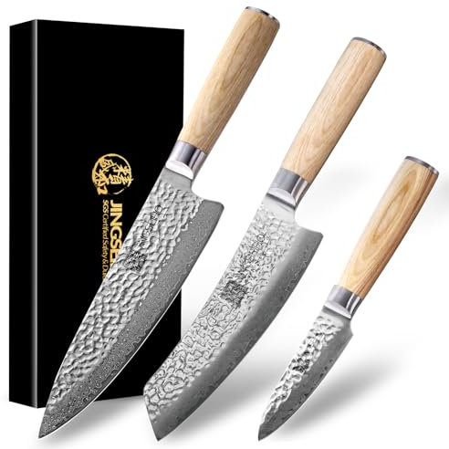 Jingseiho Ensemble de Couteaux Damas - Acier Forgé VG-10 67 Couches, Tranchant Certifié SGS, Incluant Couteau de Chef, Santoku et Économe, Couteaux de Cuisine Haut de Gamme pour Maison
