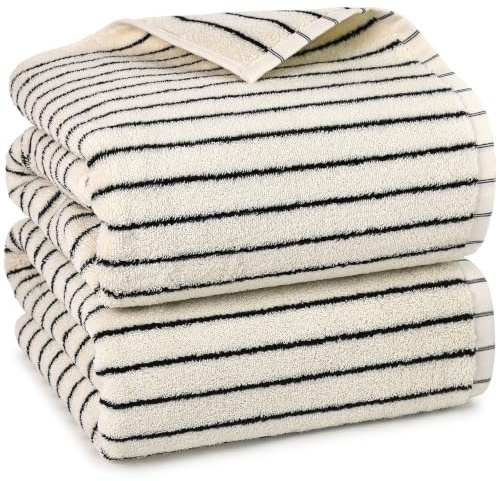 Black and Ivory Striped Bath Towels Set of 2, Lighter & Quick Dry Towels