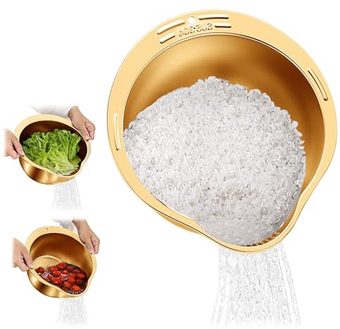 Upgrade Rice Washer Strainer Bowl,Washing Bowl for Quinoa, Stainless Steel Rinser With Side Drainers Small Colander for Cleaning Fruits, Vegetables, and Beans - pasta strainer (gold)