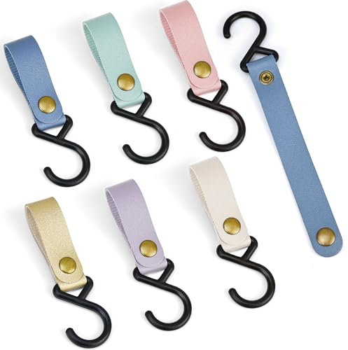 NISENTIA 6 Stück Haken für Kleiderstange, Bunt Kleiderhaken für Stange Garderobenhaken mit Lederschlaufe Lederhaken Kleiderstange Camping Haken Einhängehaken für Garderobe Mantel Küche Bad