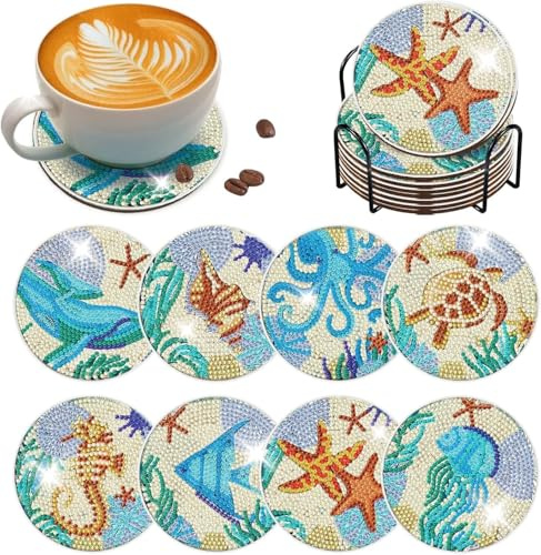 8 Stück Diamond Painting Untersetzer mit Halter - DIY Diamant Painting Set für Erwachsene & Kinder - Rund Mandala & Hund Motive Tassenuntersetzer