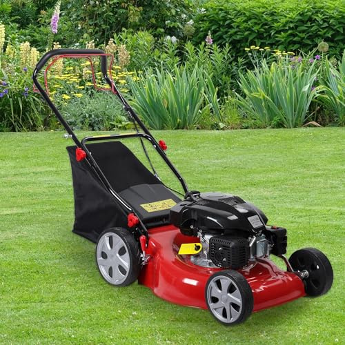 Tondeuse à gazon à gaz autopropulsée 4 temps 141 cc avec lame et sac de 50 L, tondeuse à gazon 3 en 1, poignée pliable pour un rangement facile, rouge
