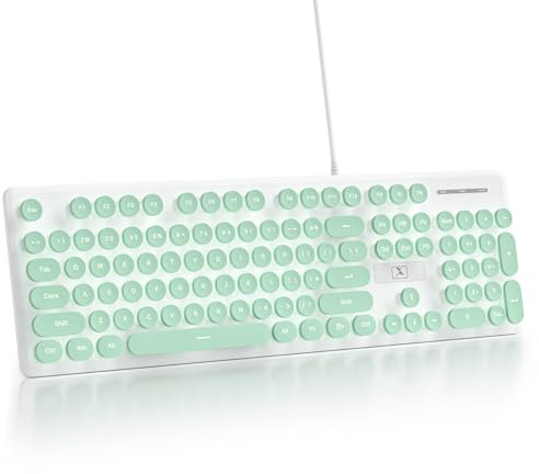 Vumilstek Wired Retro Typewriter Keyboard, American QWERTY Quiet Computer Keyboard with Full Size 104 Round Keys White LED Backlit Slim Silent for Windows PC Laptop(Green)