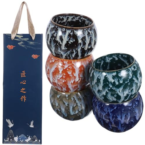 DIYEAH Service à Thé en Céramique - Coffret de 5 Petites Tasses Chinoises avec Émail Jianzan - Idée Cadeau Artisanale pour la Cérémonie du Thé et la Maison