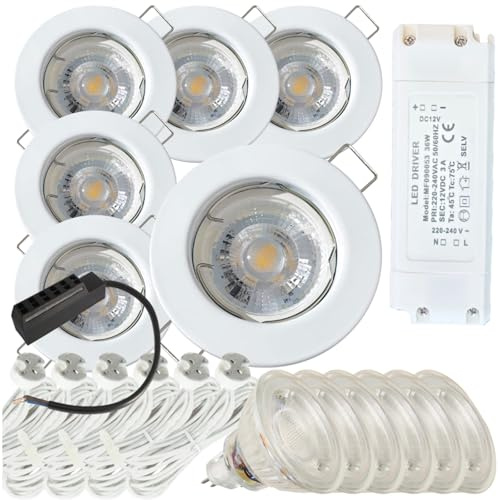 Lichtfaktor24 6er Set LED Einbaustrahler Tom 12V 5W - Rahmen in Weiß - 3000K Warmweiß, 400 lm - mit Trafo, Verteiler und MR16-Fassungen inkl. 120 cm Kabel - Für den Austausch bestehender Halogenspots
