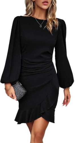 KUNJLELP Cocktail Dresses for Women Long Puff Sleeve Bodycon Ruffle Hem Elegant Evening Dress for Women UK Ladies Party Dresses
