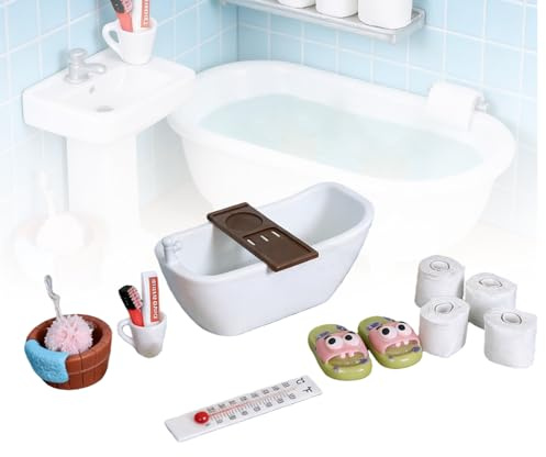Wichtel Zubehör 15 Stück Badewanne Miniatur Puppenhaus Zubehör für 1/12 Puppenhäuser, Puppenbadewanne Mini Zahnpasta, Zahnbürste, Badeschwamm, Ente, Klopapier Rollen
