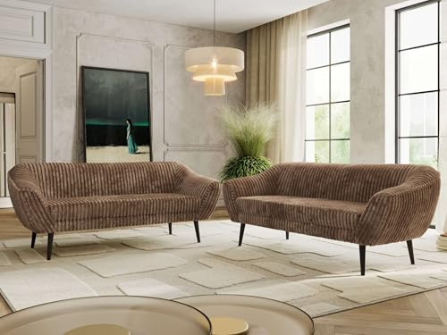 MKS MEBLE Sofagarnitur PIRS 3 + 3 - Couchgarnitur im skandinavischen Design, Gesteppte Polsterung, Wellenfederung, Wohnzimmer Sofa Set - Schwarze Beine, Braun Cord