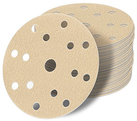 50 Stück 150 mm Exzenter Schleifscheiben P150 Körnung, 15 Loch, gold Film, Haft Klett Schleifpapier