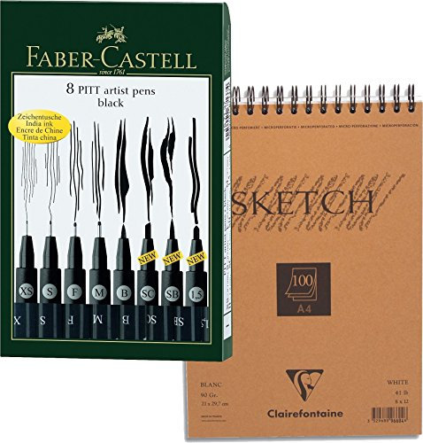 Tuschestift PITT ARTIST PEN schwarz im 8er Kunststoffetui + A4 Qualitäts-Spiral-Skizzenblock