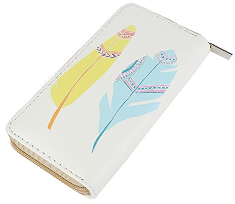DonDon Geldbörse Damen mit Reißverschluss Portemonnaie Geldbeutel Damen Kinder Mädchen Muster 2 Federn blau gelb