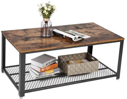 VASAGLE Couchtisch für Wohnzimmer, 2-stöckiger Cocktailtisch, Mitteltisch mit Netzablage, Stahlrahmen, verstellbare Füße, Industrie-Stil, rustikales Braun und Schwarz ULCT61X