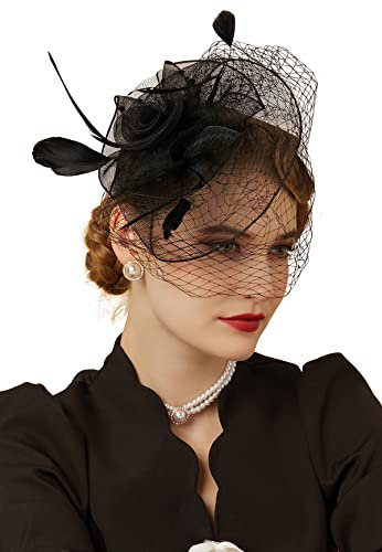 Cizoe damen fascinators hüte 20s 50s hut pillboxhut cocktail teegesellschaft kopfbedeckung mit schleier einheitsgröße d-schwarz