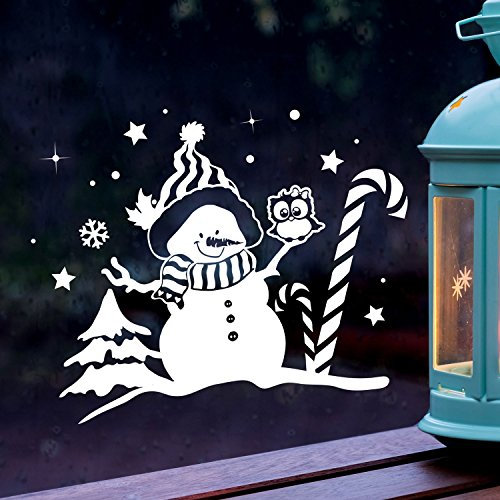 Fensterbild Schneemann & Eule Fensterbilder Fensterdeko Winterlandschaft XL 60x47cm + Sterne & Schneeflocken selbstklebend für Kinder M2262 ilka parey wandtattoo-welt®