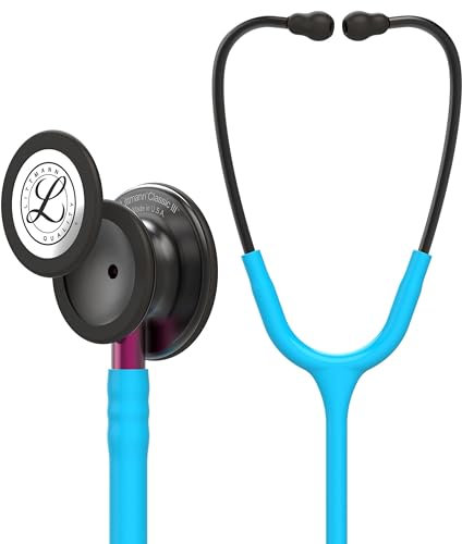 3M Littmann Classic III Stethoskop zur Überwachung, 5872, Smoke-Edition Bruststück, türkisfarbener Schlauch, pinkfarbener Schlauchanschluss und rauchfarbener Ohrbügel, 69 cm