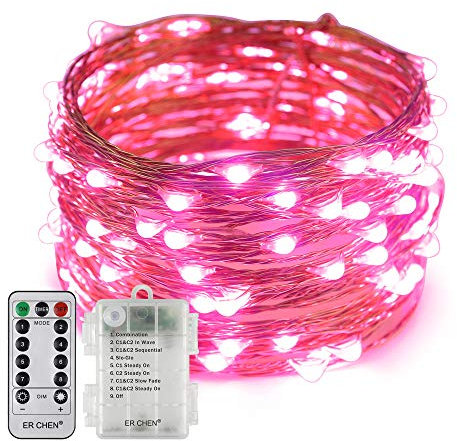 Erchen, stringa di luci LED a batteria, dimmerabile, 100 LED, ultra sottile, impermeabile, 8 modalità, timer, filo di rame, con telecomando a 13 tasti, per interni ed esterni, feste di Natale (rosa)