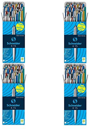 Schneider Kugelschreiber K15, Schreibfarbe blau, 50 Stück, Gehäusefarben rot, grün, weiß, blau, schwarz, gelb 50 Stück/Sortiert (200 Stifte)