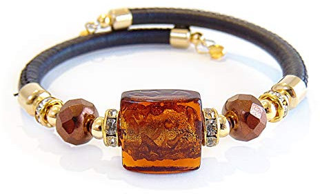 VENEZIA CLASSICA - Bracelet pour femme avec perles en verre de Murano original et cuir véritable Toscane, collection Lily, avec feuille en or 24 carats, fabriqué en Italie certifié
