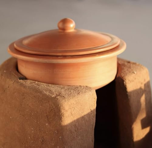 Swadeshi Blessings Handmade Exclusive Range Unglazed Clay Handi/Earthen Kadai/Mitti Bhagona/Terracotta Pot with Lid for Cooking & Serving, 2.5Liters (Natural Firing Shade & Mirror Shine) (Red)