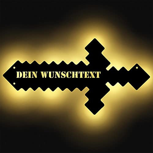Pixel-Schwert leuchtend aus Holz personalisiert mit Namen für Gamer Jungen Jungs als persönliches LED Zimmer-Deko Wand-Lampe Geschenk