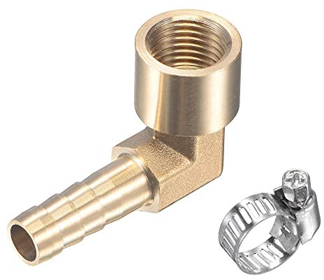 sourcing map Messing Schlauchanschluss Winkelstück 8mm x G1/4 Innengewinde Rechtwinkliger Rohrverbinder mit Schlauchklemme aus Edelstahl