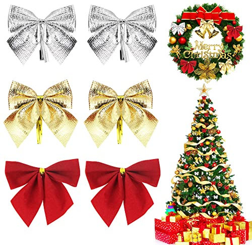 PERFETSELL 72 Pcs Lazos de Árbol de Navidad Moños Navideños para Árbol Lazos para Arbol Navideño Moños Navideños Dorado Rojos Plateados Moños Decorativos para Árbol de Navidad Coronas Guirnaldas