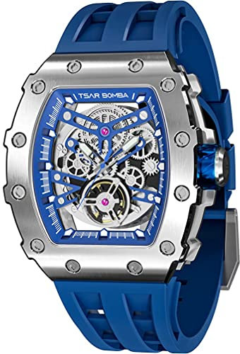 TSAR BOMBA Luxus Herren Automatik Uhr-Keramiklünette-Saphirglas-51M Wasserdicht Herrenuhr-Tonneau Armbanduhr Silikonarmband Leuchtend Elegante Geschenke für Männer